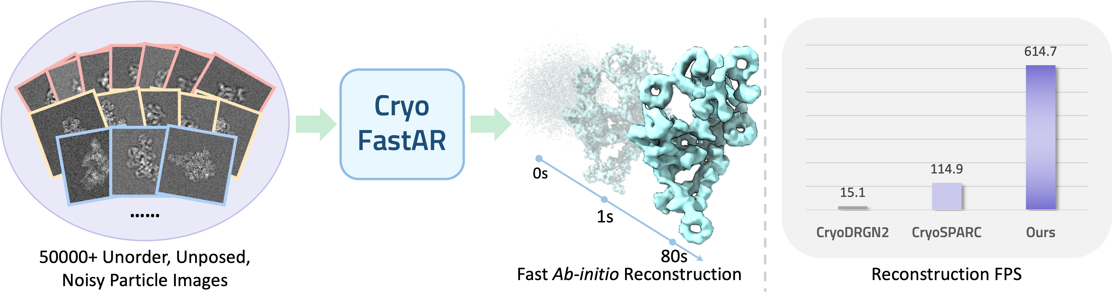 CryoFastAR: Fast Cryo-EM Ab Initio Reconstruction Made Easy teaser